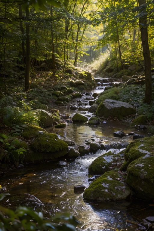 oil painting. realistic environment, A bit dark and tense. A natural stone path and a small stream flows through large rocks into a large puddle in front of us. Into the clearing. Deaf, Woodland. many details. Strong sunlight. light mist.