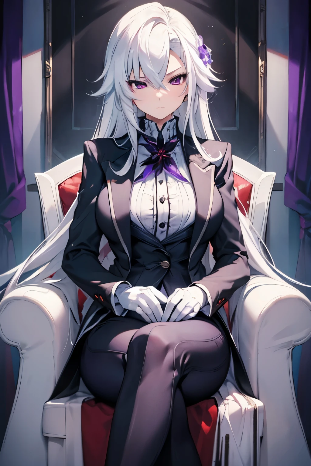 (best quality:1.3), (masterpiece:1.3), (illustration:1.3), (ultra-detailed:1.3), 1girl, solo, ((long hair, white hair, purple eye, purple flower pattern)), (((large breasts))), black pants, white suit, tailcoat, serious expression, tall, mature, elegant, black gloves, purple flowers, looking at viewer, nice hands, perfect hands, serious expression, sitting, throne, legs crossed, tsurime,