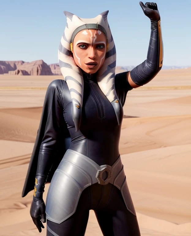 score_9,score_8_up,score_7_up,score_6_up,source_ahsoka tano, yellow eyes, black latex bodysuit, armor, latex cape, gloves, black pants, looking at viewer, serious, medium shot, standing, hands on hips, outside, desert, sunny,
