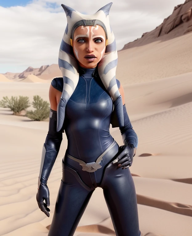 score_9,score_8_up,score_7_up,score_6_up,source_ahsoka tano, yellow eyes, black latex bodysuit, armor, latex cape, gloves, black pants, looking at viewer, serious, medium shot, standing, hands on hips, outside, desert, sunny,