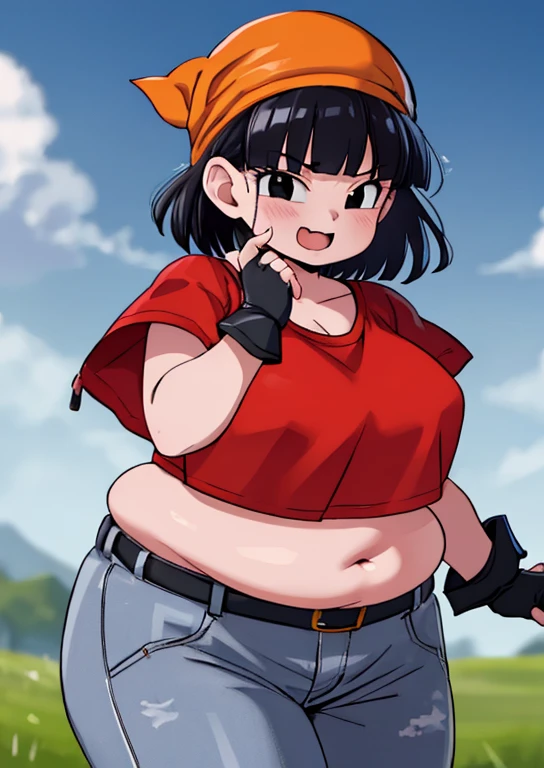 masterpiece, best quality, highest quality,perfect anatomy, perfect face, perfect eyes, pandballgt, 1girl, black eyes, black hair, short hair, orange bandana, pants, fingerless gloves, red shirt, crop top, outdoors,  female, big, bbw, plump, large belly, large breasts, large thighs, love handles, wide hips, weight gain,