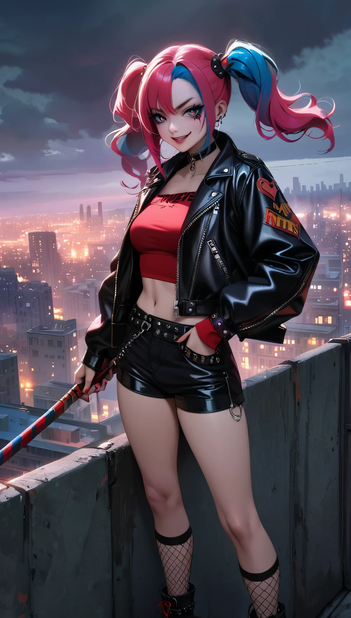 (masterpiece:1.3), (best movie quality:1.2), (medium：cartoon), (best quality),Harley Quinn standing on the roof of a city building,Dark and dramatic atmosphere,focus blur,city skyline in background,Dark clouds gather overhead,Vibrant and contrasting colors,ominous lighting,Red and black embellishments,Eye makeup smudge,Weird and naughty expression,Smiling threateningly,Holding a bat,Abandoned buildings,wind blown hair,Leather jacket and shorts,Fishnet socks,Punk fashion,The air is filled with secrets and mysteries.