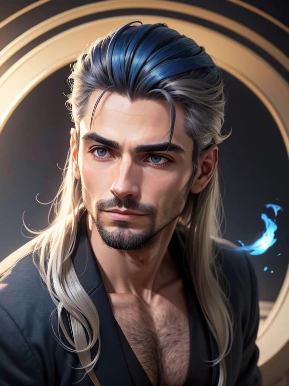 Homem de 30 anos, neutral expression, cabelo preto, terno e gravata, asas de anjo, blue aura hovering around you, quarto escuro.