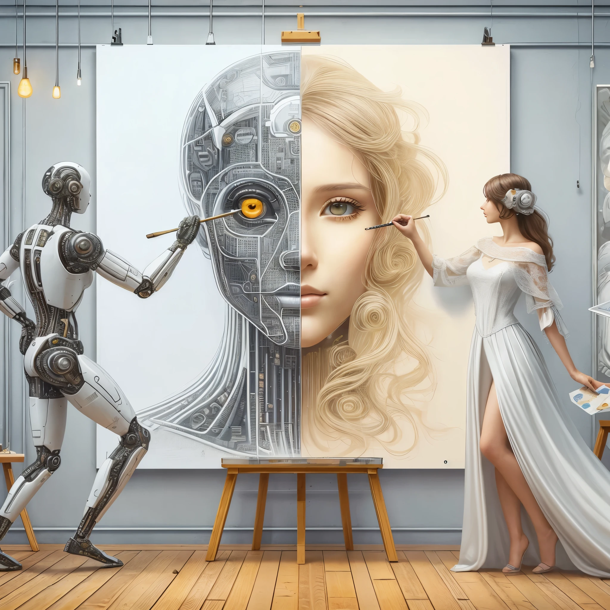 A cyborg girl stands in the center of a large bright studio and is engaged in creating her self-portrait on canvas. She is depicted in all her majestic beauty and elegance. Her metallic skin reflects the light, creating a play of hues and highlights like an expensive piece of jewelry. Her long metal hair frames her face, giving her a mysterious and alluring look. Her bright eyes, in which light shimmers, stare straight ahead with confidence and the strain of creative inspiration. The cyborg girl is depicted in a graceful pose, showing off her grace and strength as well as the fine workings of her mechanical limbs. Her hands hold brushes and are immersed in the creative process of creating a stunning work of art. The outline of the self-portrait she is creating with oil paints is already outlined on the canvas. The drawing begins to come to life under her dexterous fingers, gaining depth and volume, and the coating of color fills the canvas with bright hues and rich colors. This entire moment is captured in a gorgeous and amazing scenario that combines the beauty of art, power and technological advancement to make the cyborg girl a unique and inspiring image.