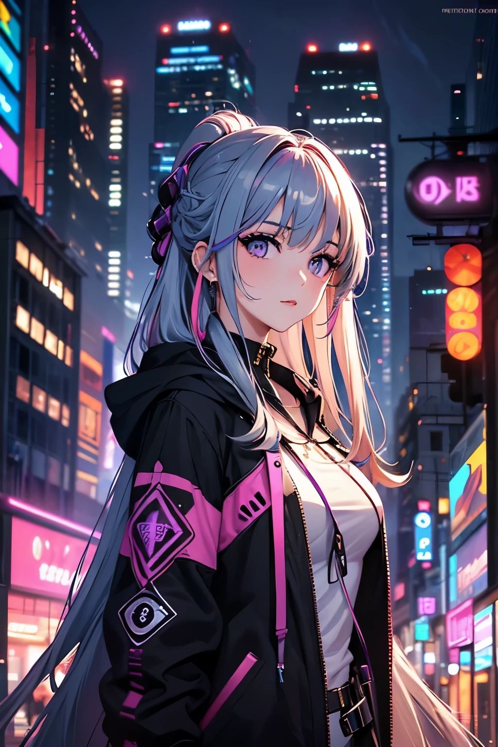 最high quality、best image quality、masterpiece、girl((20-year-old、 By becoming、vest bust、medium bust,wide open breast tea、shining eyes, blonde、long hair、thin,highest valley、ponytail、Black and purple hoodie with a wide open chest、short belly sports pants、cool pose、Please bring your smartphone、sweating、smile、forward leaning movement、)),high quality、beautiful art、background((Rooftop with great atmosphere at night、beautiful illumination))、Flight、debris flies、Depth of written boundary、movie、visual art、perfect art、8k,genuine、