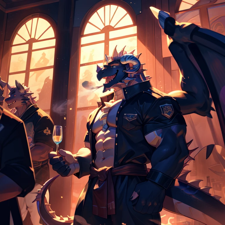 (dragon),golden eyes, (muscle发达的身体:1.3), perfect eyes, Handsome, OK, (whole body照),(whole body),In the sauna,(lower body),(happy eyes:1.2),look at screen,(dragon horn),(dragon tail),perfect masterpiece,(16K),alone,((Strong)),(thermal),(whole body),Perfect proportion,front,blush,Sweat,(挥hand打招呼:1.5),(hand:1.3),(Open your mouth slightly and breathe.:1.2),(imagine:1.2),(Clothes are soaked,whole body:1.3),Strong,muscle,With dragon wing,bi-winged,more details,be licked,enjoy,obsessed, Face turned red,collar,Submit to,caress,drunk,Smile,enjoy,looking at camera,Submit to,having fun,Detailed background,realistically,现实的hand,8k high dynamic range,(shadow,wide dynamic range,high dynamic range,emphasize:1.2)