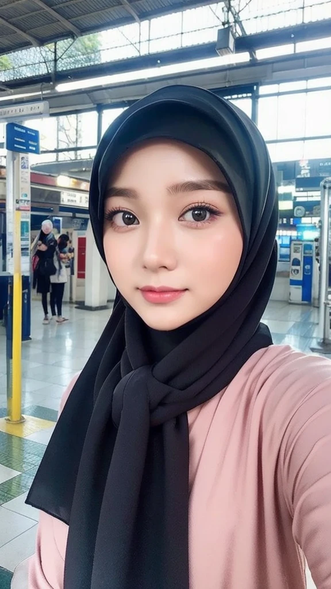 Beautuful Women、hijab, indonesian, realistic, train station、selfee、The face is cute、Vanrak Ayyans appears. beautiful、alone