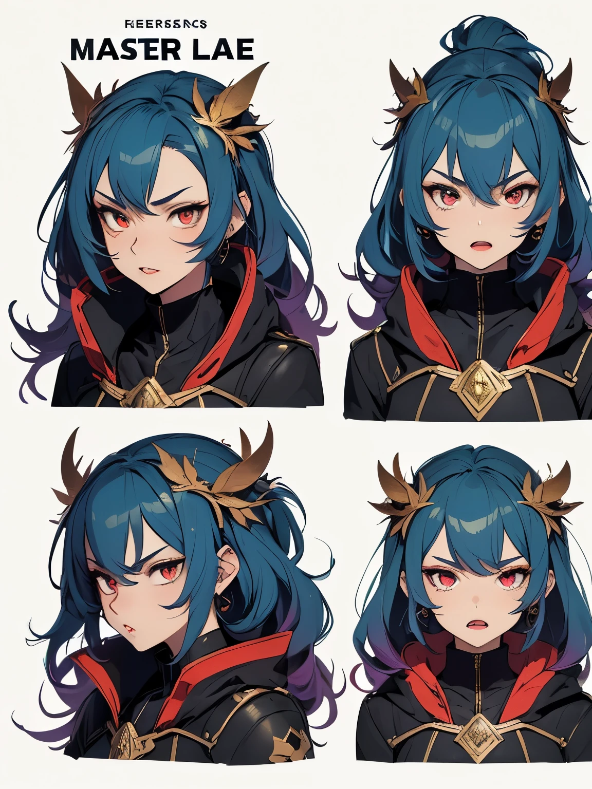 ((master-piece)),(((bestquality))),(Character design sheet, Same character.., Front, side), A Beautiful Girl,blue colored hair, albio, Red Eyes, long-haired, annoyed, Front leaf only, Separate from each other.., fins, balance, jewelry, sharpt teeth, shouting, sparkling eyes, high-detail, ((4 expressions)), Jungle Theme, ((Scab on the front leaves, Glossy lips, Glossy skin, (((There are only four fronts.))), (((Only four references)))