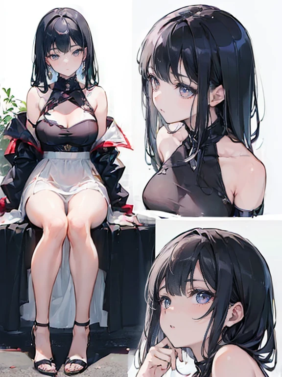 (Three collages of different scenes: 2.0).live action, real human emotions, (1 girl), (full body), (night), Sitting on a park bench and drinking a can of beer (budweiser), Vietnamese woman wearing white drop shoulder ao dai, I'm tired from work (Uesaka Sumire's face), (big breasts), deep slit, (not wearing pants), (shoes are stiletto heels), she is the only one, long, shaggy straight black hair, messy hair, bangs, toned body, thin waist, lace on the chest, (high resolution face), realistic skin texture, natural skin, (Makeup came off), One shoulder strap comes off, Almost all clothes are off, cinematic lighting, Sony FE, Lens flare, UHD, anatomically correct, rough skin