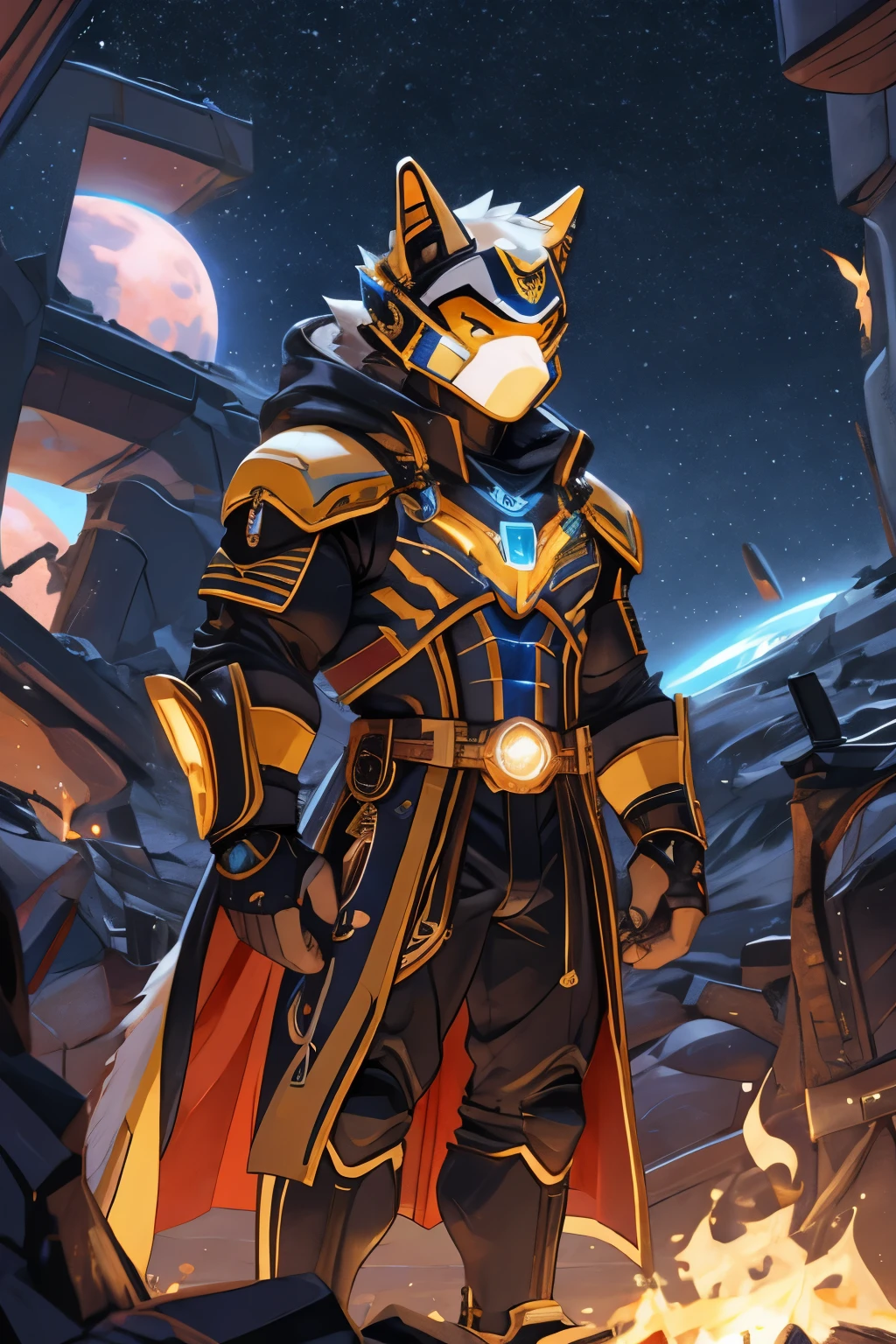 a humanoid robot with a sophisticated and futuristic design, its body is golden with glowing white stripes, a black visor covers its entire face, it has the word "POTIDU" lit up on its chest, standing on top of the ruins, behind it are the wreckage of a spaceship, dust flying around him.