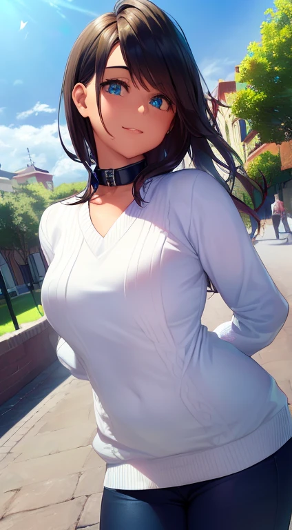 ((mesa, Mejor calidad, high resolution, nffsw, pixel perfect, profundidad de campos, 8k, nffsw, nffsw)), 1 chica en, soltero, Solo, Beautiful artistic style, ((pelo largo, By the chestnut)), (Blue eyes:1.4, ojos redondos, Beautiful eyelashes, ojos realistas), (cara detallada, rubor:1.2), (Textura suave:0.75, textura realista:0.65, Fotorrealista:1.2, estilo anime cg), pechos medianos, escote, (dynamic angle, dynamic pose:1.4, mirando al espectador), Cuerpo perfecto, tetona, ((White sweater, manga larga, faldas a cuadros, medias)), sonrisa, boca abierta, inclinado hacia adelante, hands behind the back, parque de atracciones, un collar, Pendientes redondeados