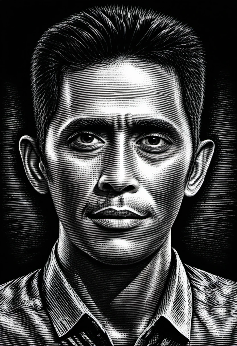 a half body portrait,Scratch board illustration, Indonesia man 35years, black eyes,black hair, close up portrait, centered,intricate details,high resolution,4k, illustration style, Over all Detail, Scratch board illustration,CEO