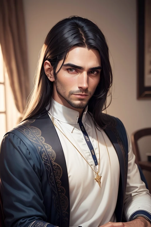 Homem de 30 anos, rosto angelical, neutral expression, cabelo preto, terno e gravata, asas de anjo, blue aura hovering around you, quarto escuro.