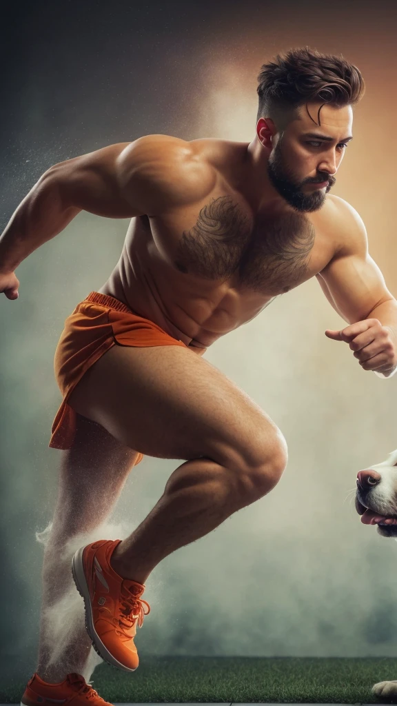A photorealistic portrait of a insanely handsome young man, no shirts, very strong, chiseled and extremely tattooed sitting on a step next to a big fierce dog, a large door as the background, a colorized photo by Jesse Richards, instagram contest winner, maximalism, masculine, handsome, grotesque, photograph, detailed symmetric realistic face, extremely detailed natural texture, peach fuzz, long hair, masterpiece, absurdres, nikon d850 film stock photograph, kodak portra 400 camera f1.6 lens, extremely detailed, amazing, fine detail, hyper realistic lifelike texture, dramatic lighting, unrealengine, trending on artstation, cinestill 800 tungsten, looking at the viewer, photo realistic, RAW photo, TanvirTamim, high quality, highres, sharp focus, extremely detailed, cinematic lighting, 8k uhd,-imagine-