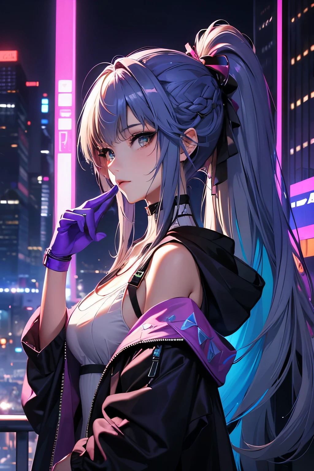 ultra quality,detailed, masterpiece, 16k, high resolution, beautiful, amazing, charming, elegant, stylish
BREAK
1 girl, 24 years old, Height is 164cm, ((Bust size is 88cm))
BREAK
(Long Hairstyle: 1.3), Beautiful and delicate flowing hair,(Delicate ,detailed ,(purple|Green|Blue|Pink|Red|yellow|Gray) eyes: 1.2), sparkling eyes
BREAK
(colorful loose hoodie:1.2), Futuristic outfit, cyber costume
BREAK
cyber punk, Vibrant, Futuristic, Neon lights, High-rise buildings, Holographic advertisements