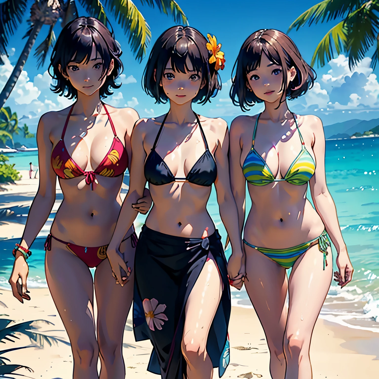 [ 4K digital art ]、((highest quality, masterpiece, High resolution))、((anime art))、 ((reality))、beautiful japanese woman、(((three women)))、19 years old、((The three are friends))、(((Three girls holding hands、walk on the beach)))、((Detailed depiction of a beautiful face))、smile gently、small breasts、slim body shape、medium short hair、semi-long、bun hair、Wet see-through bikini、(Wrap your waist in fabric with bold ethnic patterns and plenty of primary colors.。.)、realistic skin、Wet、full body、No zoom、No close-ups、(Beautiful tropical beach landscape photography)、cinematic light、tropical、(flowers on the beach)、Against the background of palm trees、on a sunny beach、With the sea in the background、squall、rainbow、blur background、