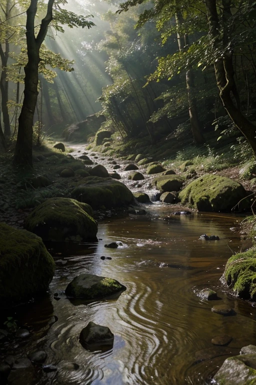 oil painting. realistic environment, A bit dark and tense. A natural stone path and a small stream flows through large rocks into a large puddle in front of us. Into the clearing. Deaf, Woodland. many details. Strong sunlight. light mist.