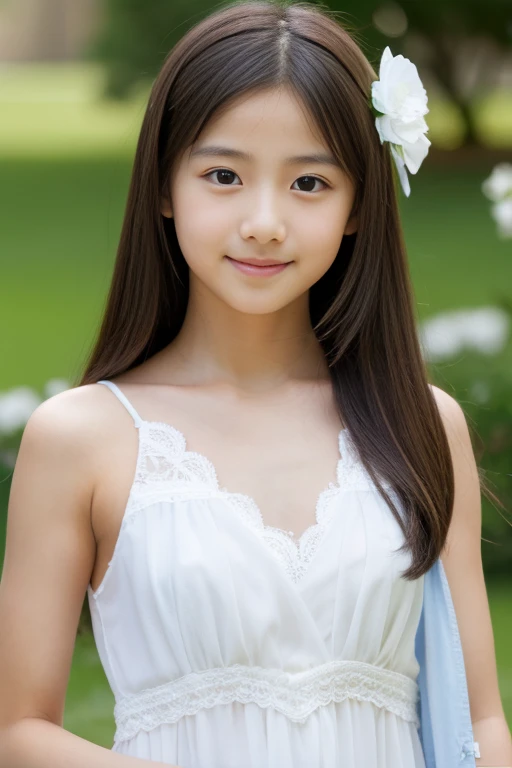 highest quality, High resolution, realistic pictures, detailed skin texture, (Cute 10 year old Japanese girl wearing a see-through short white camisole), (flat chest:1.5), towards the camera, slim body shape, Fair skin, view audience, focus on face, (close up of face:1.2), long straight hair, In the park where cherry blossoms dance, smile showing teeth, (loli:1.2)