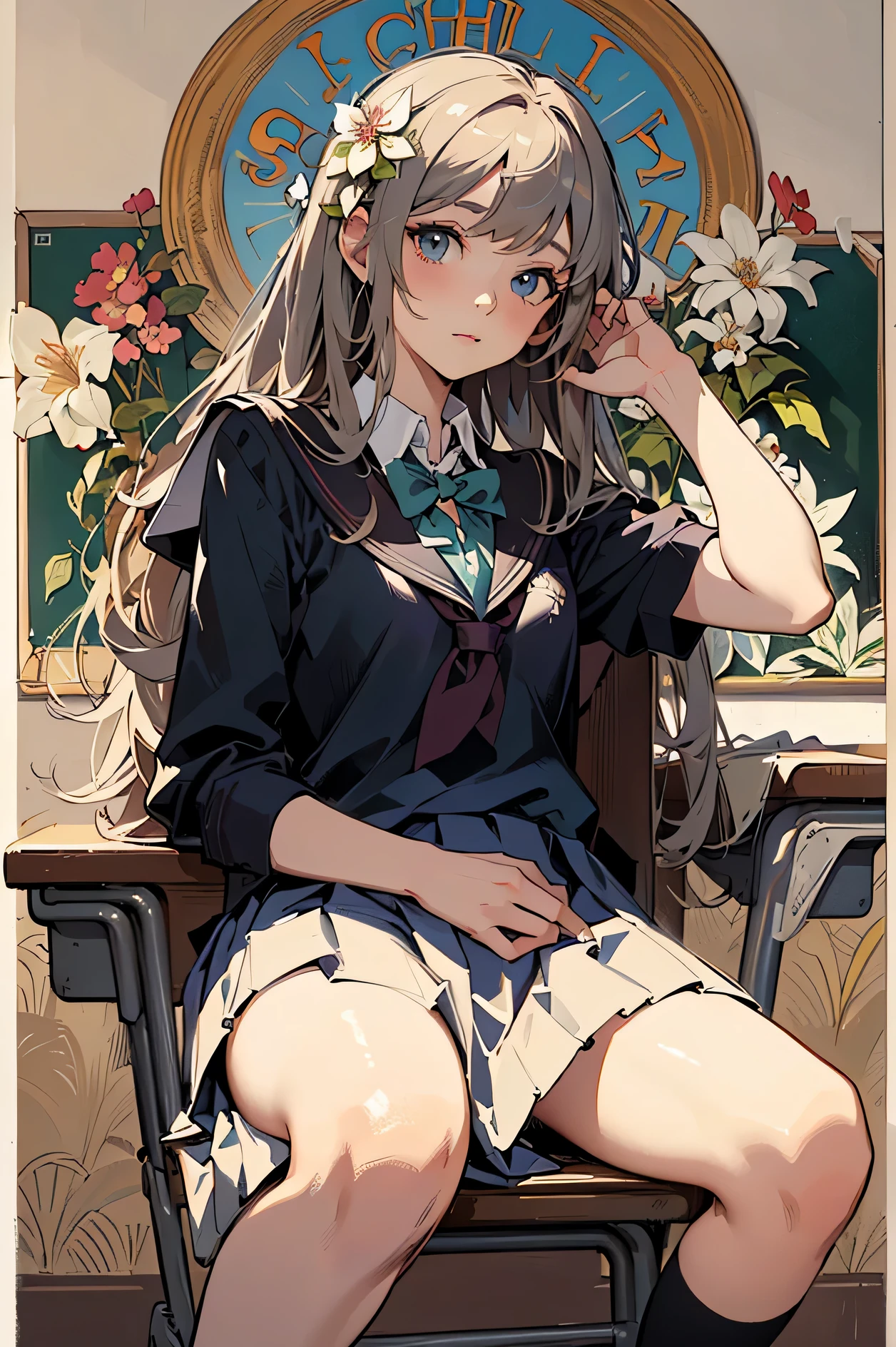 (masterpiece,best quality),(beautiful background:1.2),(8k,high-res,detailed),(poster),flat shading:1.4,
Alphonse Mucha,
(solo:1.2),a woman,bare shoulder,small face:1.5,
Chubby,flower,
(school uniform:1.5),
bare thigh,