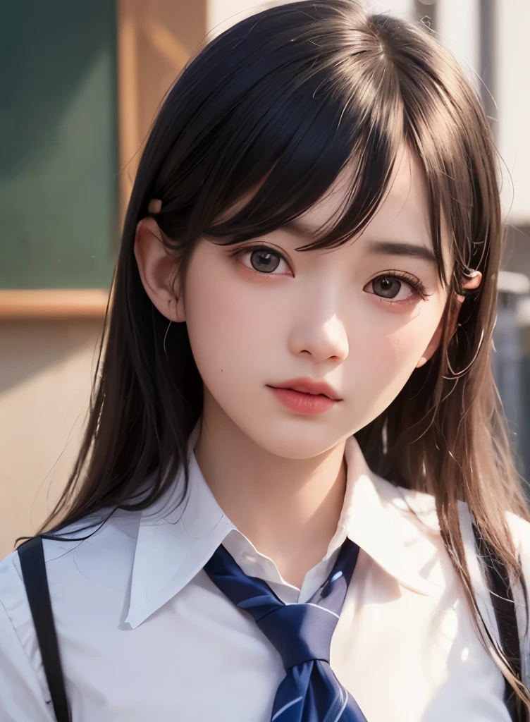 (1 nogizaka girl,ager,raw photo,photo realistic:1.5),(best quality, high quality,HDR, highest quality,ultra high resolution,high resolution,high res,ultra high difinition,huge file size,8K,2K wallpaper,8K wallpaper,high quality texture,amazing,an extremely delicate and beautiful:1.3),one girl, k-pop idol,beautiful face,portrait,blurry background,(school uniform:1.5),white skin,pale skin,clear skin,black hair,black eyes,big eyes,cute eyes,cleavage,huge breasts,(Light Particles, Lens Flare, Luminous Particles: 0.7),looking at viewer,bright lighting,professional lighting