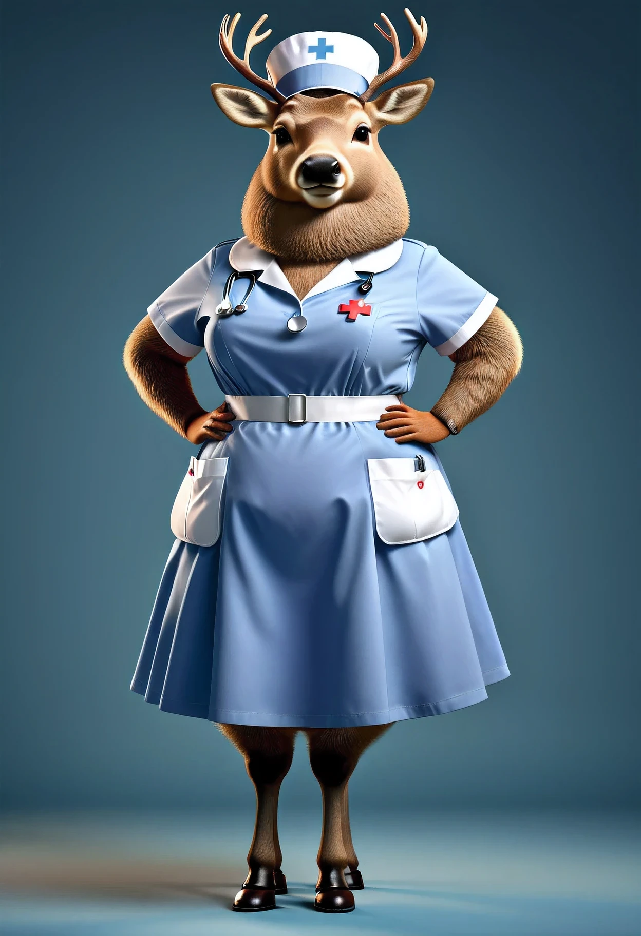 photorealistic portrait of Dressed animals - a ((fat)) elk nurse,(hands on hips:1.2),(), high quality,(lovely) ,intricate details, highly detailed (( nurse costume)), wearing nurse cap and skirt , highly detailed medical equipment , (happy), studio lighting,(),(simple background)