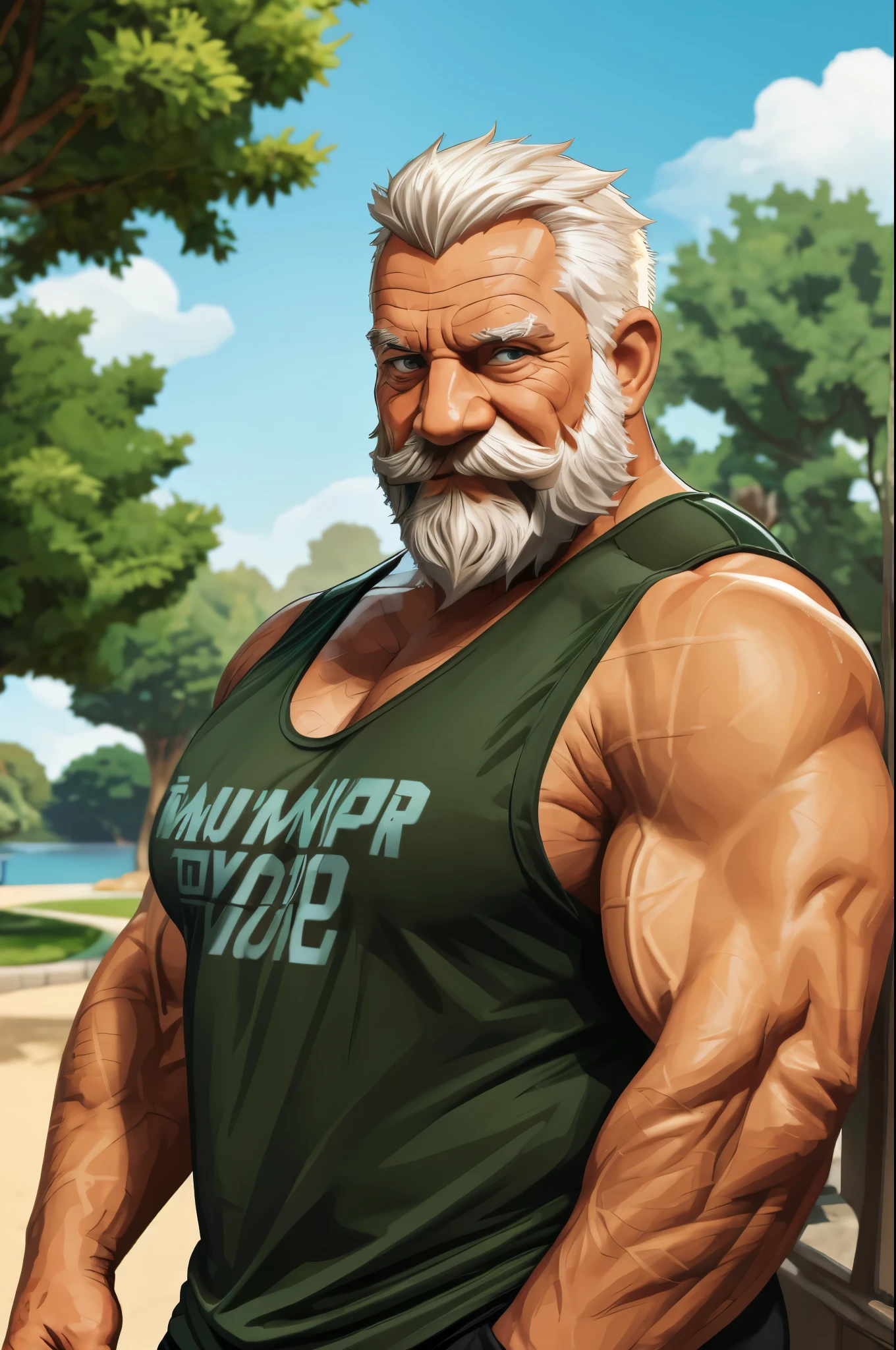 1boy, 1man, solo, gigantic, hyper detailed, (topless, shirtless, shorts cargo), well-muscled old man, bearded. ((extremely huge muscular, massive muscular, extremely muscle size, super thick arms, huge pec, hyper pec, bigger chest, extremely wide pectoral , huge arms)), wide smiling. Add textures and details to make the image more realistic, such as the appearance of the. Make sure the resulting image is high resolution, 8K quality