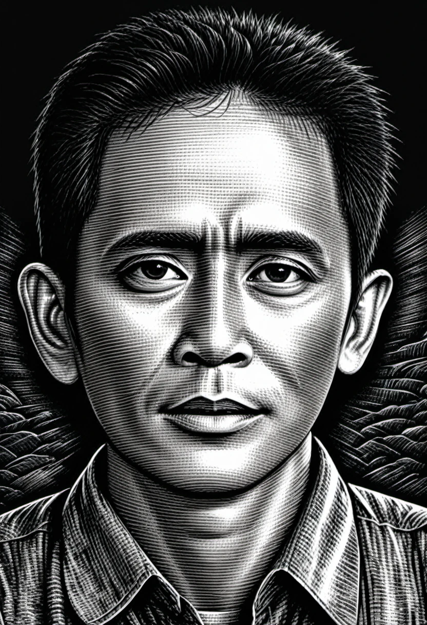 a half body portrait,Scratch board illustration, Indonesia man 35years, black eyes,black hair, close up portrait, centered,intricate details,high resolution,4k, illustration style, Over all Detail, Scratch board illustration,wong-maret