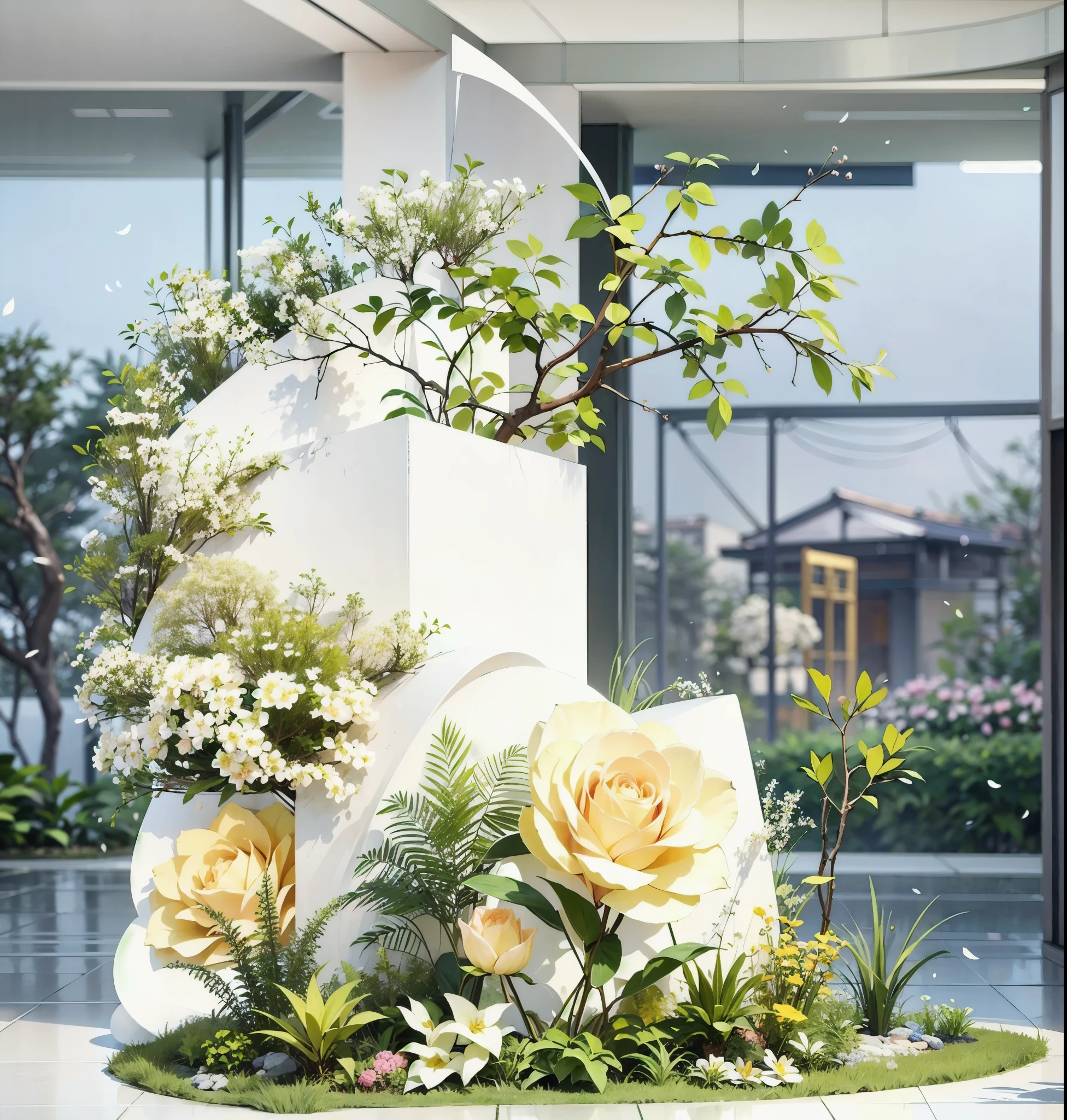 Designing an indoor garden with lush greenery and white roses creates a serene atmosphere that summons the concept of spring at the entrance of Fuzhou Mizao Wukang Building. The design is surrounded by pale yellow roses to symbolise vibrancy, HD quality, high detail, very detailed, delicate, architectural shots, surrealism, unreal engine 5