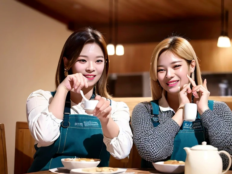 (best quality,4k,8k,highres,masterpiece:1.2),ultra-detailed,(realistic,photorealistic,photo-realistic:1.37),2girls:1.4,jeongyeonlorashy,two girl baristas serving coffee,half body,super detailed,ultra HD,high quality,extremely detailed,accurate faces,coffee cups,espresso machine,vibrant and cozy cafe,artistic aprons,delicate latte art,playful expressions,flawless skin,fine facial features,softly curled hair,warm lighting,rich color palette,bokeh accents,tantalizing aroma,leisurely atmosphere,meticulously brewed coffee,interacting with customers,friendly smiles,relaxing jazz music,inviting seating area,moderately busy cafe,scrumptious pastries,beautifully decorated cakes,pleasant conversation,budding friendship,trendy and stylish decor,elegant hand gestures,steaming coffee mugs,coffee beans in grinder,graceful movements,moment of shared laughter,memorable ambiance