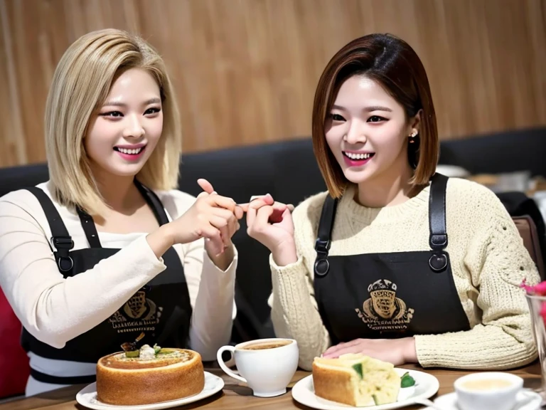 (best quality,4k,8k,highres,masterpiece:1.2),ultra-detailed,(realistic,photorealistic,photo-realistic:1.37),2girls:1.4,jeongyeonlorashy,two girl baristas serving coffee,half body,super detailed,ultra HD,high quality,extremely detailed,accurate faces,coffee cups,espresso machine,vibrant and cozy cafe,artistic aprons,delicate latte art,playful expressions,flawless skin,fine facial features,softly curled hair,warm lighting,rich color palette,bokeh accents,tantalizing aroma,leisurely atmosphere,meticulously brewed coffee,interacting with customers,friendly smiles,relaxing jazz music,inviting seating area,moderately busy cafe,scrumptious pastries,beautifully decorated cakes,pleasant conversation,budding friendship,trendy and stylish decor,elegant hand gestures,steaming coffee mugs,coffee beans in grinder,graceful movements,moment of shared laughter,memorable ambiance