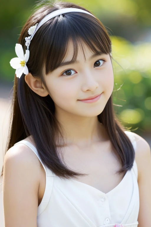 highest quality, High resolution, realistic pictures, detailed skin texture, ((Cute 12 year old Japanese girl wearing a white camisole)), view audience, slim body shape, charming gaze, Fair skin, baby face, (flat chest:1.2), long straight hair, flower hair ornament