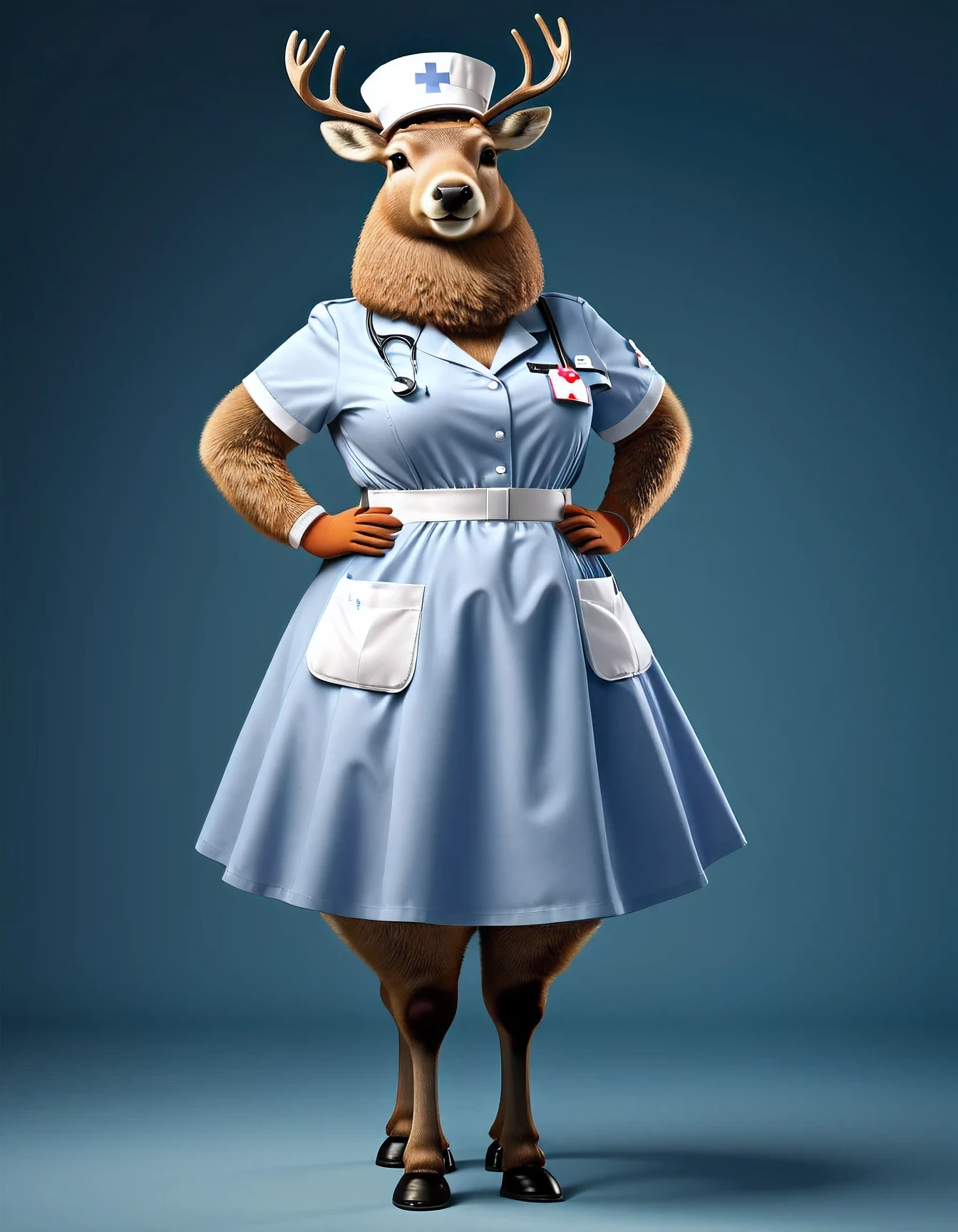 photorealistic portrait of Dressed animals - a ((fat)) elk nurse,(hands on hips:1.2),(), high quality,(lovely) ,intricate details, highly detailed (( nurse costume)), wearing nurse cap and skirt , highly detailed medical equipment , (happy), studio lighting,(),(simple background)