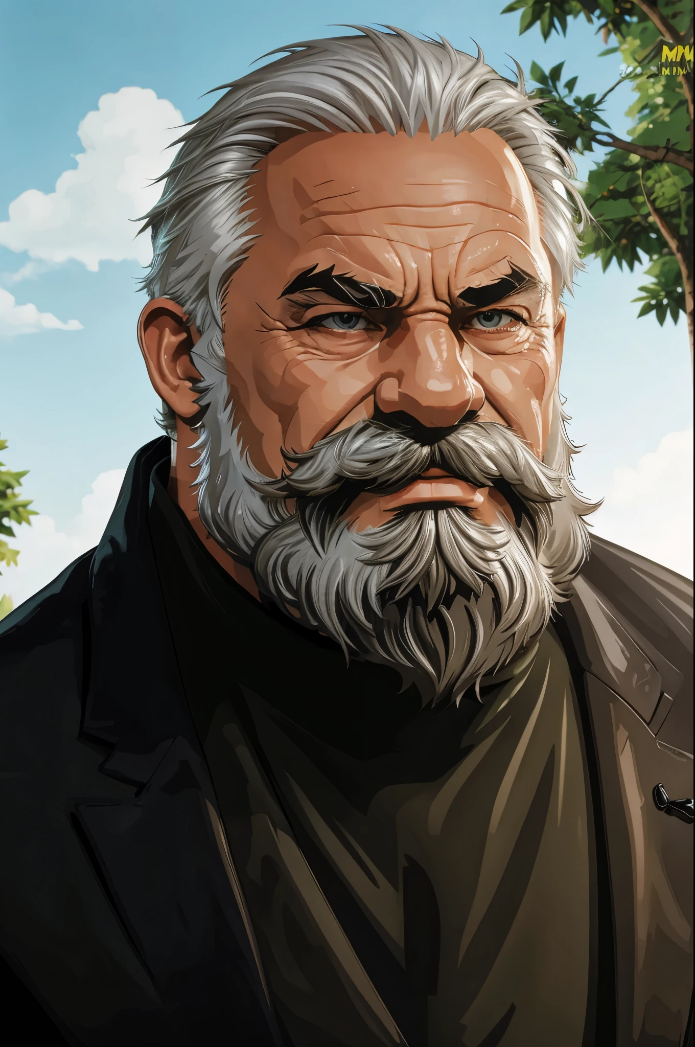 (vector:2.0, mwvector), portrait, muscular old man in park, beard, happy, summer, suits, detailed vector, high detail, half body, realistic, white hair