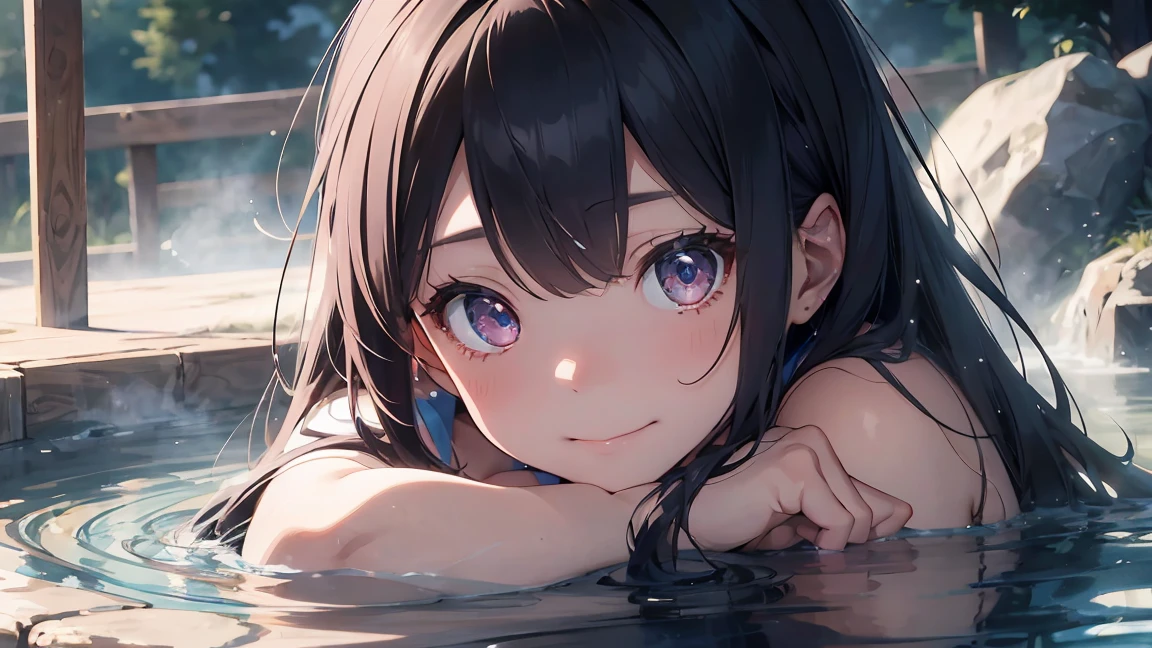 highly detailed, SFW, portrait, 1 girl, blue pink_hair, nude, Smile, (perfect_Face), boundary, close up, mad, exist_Back, Gorgeous, complex, dramatic lighting, detailed_Background, full_Body, Best hair quality, Extra super detailed eyes, Extra high facial detail, side_body, eye reflection, focus on eyes, detailed top eyelashes, high textured skin, lowexposure, hot spring water, film grain, atmospheric perspective, caustics, 8K, masterpiece