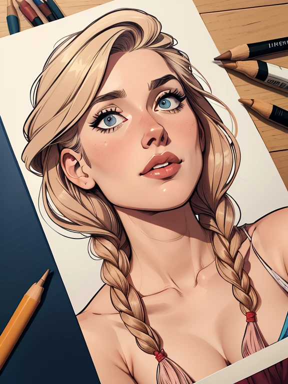 a sexy cyborg woman, standing full-length, beautiful detailed eyes, beautiful detailed lips, extremely detailed eyes and face, long eyelashes, in a french braid, blonde hair, in an oil painting self-portrait, in an art studio with an easel and paintbrushes, under natural lighting, vibrant colors, detailed brushstrokes, realistic rendering, by a professional artist, capturing the creative process, with a confident posture, showcasing artistry, in a fashionable outfit, with a perfect composition, exquisite technique, a captivating gaze, and an alluring atmosphere, in a unique style that highlights her feminine charm, resulting in a stunning piece of artwork, (best quality, 4k, 8k, highres, masterpiece:1.2), ultra-detailed, (realistic, photorealistic, photo-realistic:1.37), HDR, UHD, studio lighting, ultra-fine painting, sharp focus, physically-based rendering, extreme detail description, professional, vivid colors, bokeh, portraits, fashion, glamour, science fiction