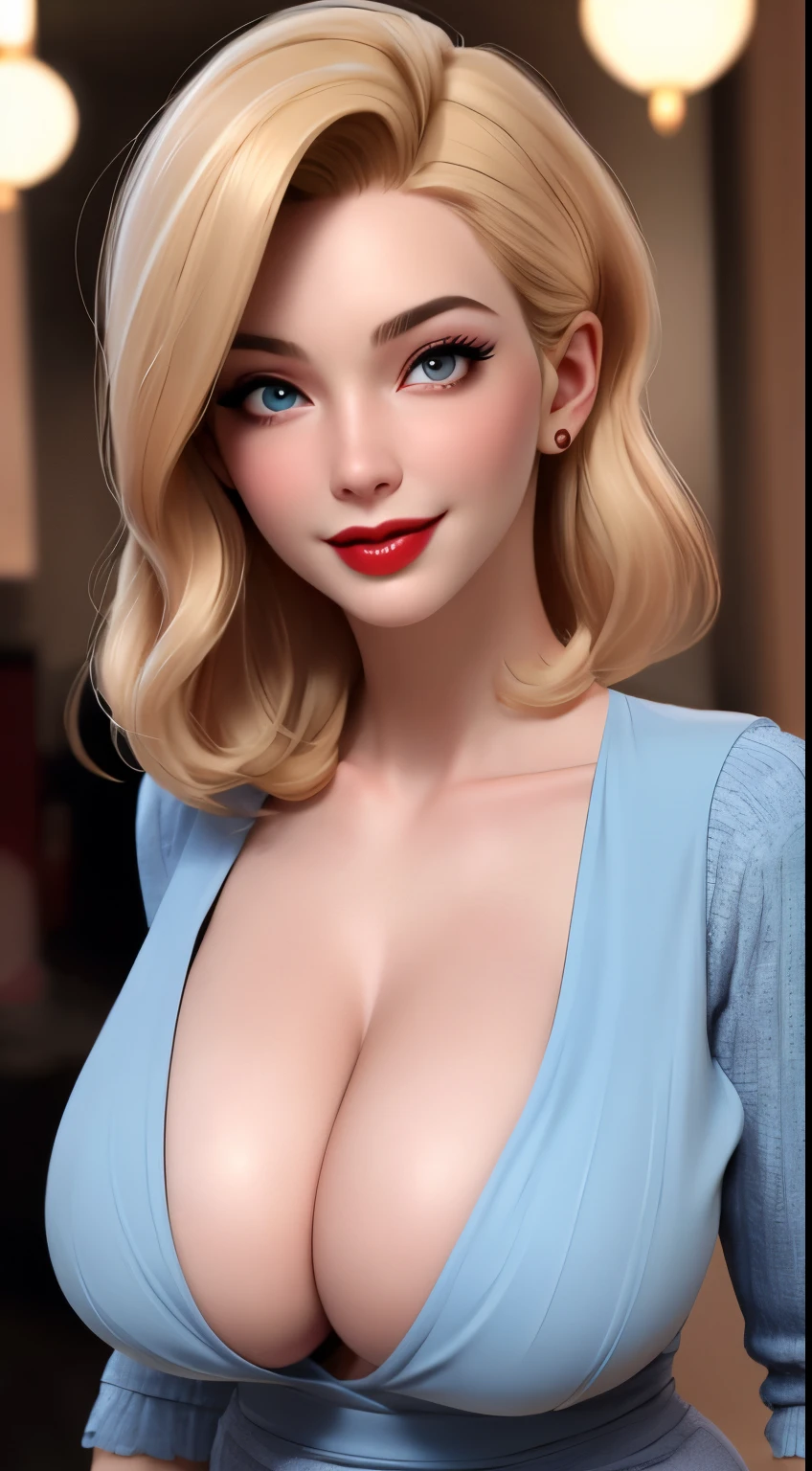 masterpiece, ,(solo:1.1), perfect face, (bright lighting:1.2),beautiful detailed eyes, extremely detailed face, perfect lighting,masterpiece, best quality, ((mature female)), ((large breasts)), 30yo female, 1girl, red lips, short blonde, straight hair ,provocative, tease, lips, lipstick, red lips, red lipstick, milf, large breast ,  smile,  woman, bold lips, thick lips, thick skirt, mini dress , upper body