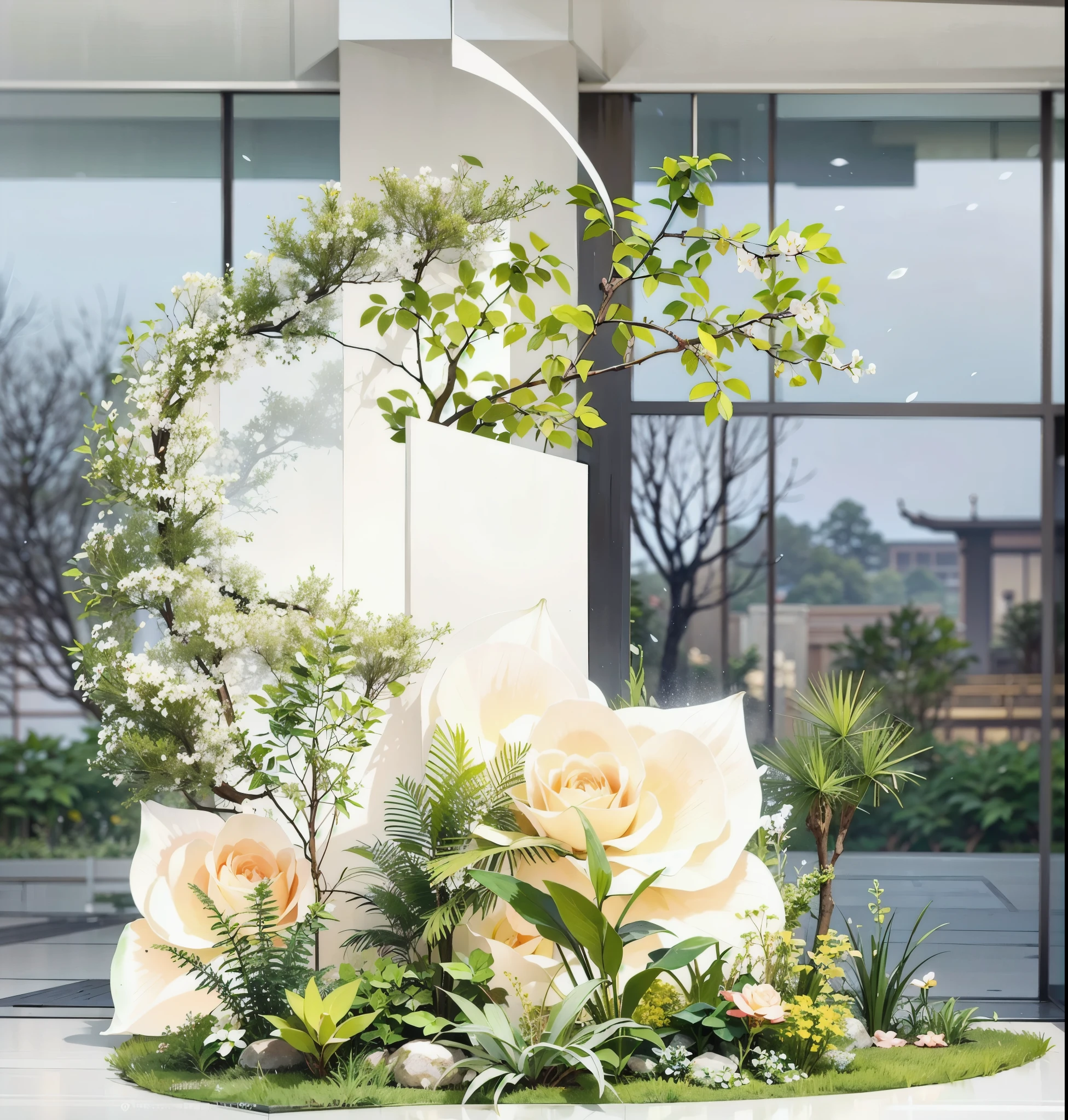 Designing an indoor garden with lush greenery and white roses creates a serene atmosphere that summons the notion of spring at the entrance of the Meijao Wukang Mansion in Fuzhou. The design is surrounded by pale yellow roses to symbolise vibrancy. HD quality, high detail, very detailed, delicate, architectural shots, surrealism, Unreal Engine 5