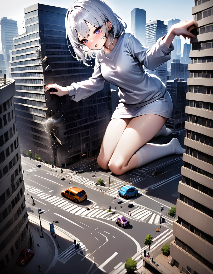 huge， girl，white hair，short skirt，teasing，A giant girl taller than a building，Wearing white knee socks，city-destroying，miniature city，Kneeling in the city，holding hands，There is a little person in the palm of my hand，There are many miniature cars around
