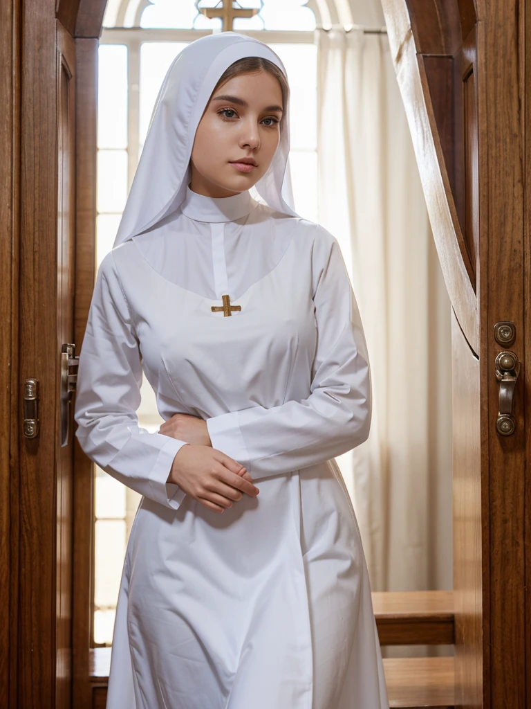 Beautiful girl in Catholic religious nun outfit with long sleeves