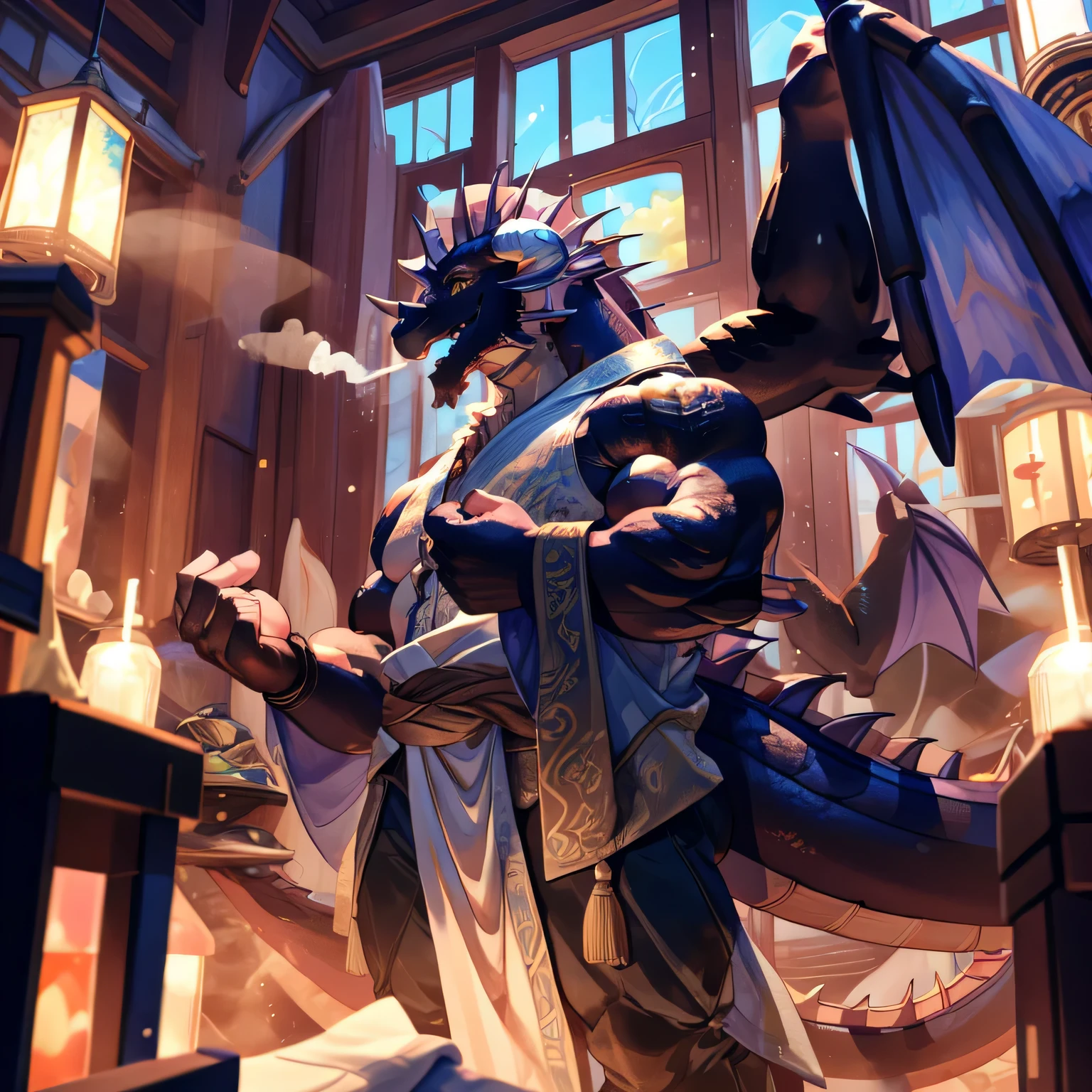 (dragon),golden eyes, (muscular body:1.3), perfect eyes, Handsome, OK, (whole body照),(whole body),In the sauna,(lower body),(happy eyes:1.2),look at screen,(dragon horn),(dragon tail),perfect masterpiece,(16K),alone,((Strong)),(thermal),(whole body),Perfect proportion,front,blush,Sweat,(Wave hello:1.5),(hand:1.3),(Open your mouth slightly and breathe.:1.2),(imagine:1.2),(Clothes are soaked，whole body:1.3),Strong,muscle,With dragon wing,bi-winged,more details，be licked，enjoy，obsessed， Face turned red，collar，Submit to，caress，drunk，Smile，enjoy，looking at camera，Submit to，having fun，Detailed background，realistically，Realistic hand，8k high dynamic range，（shadow，wide dynamic range，high dynamic range，emphasize：1.2）
