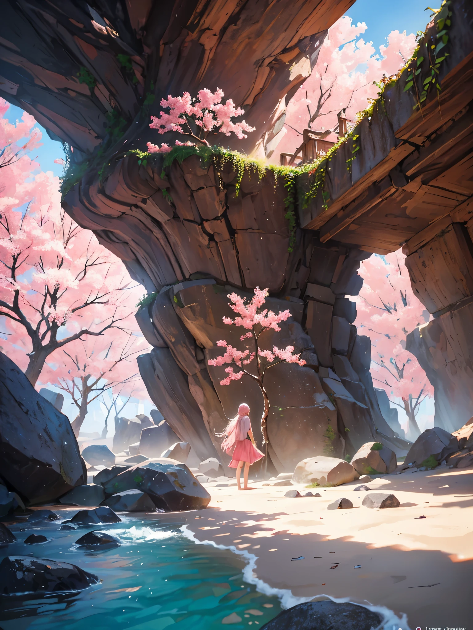 an amazing pink tree on a rock on the beach, in the style of realistic representation of light, passagem, Faith-inspired art, Abandoned spaces, cenas cheias de luz, ambientes imersivos, motivos de flores e natureza --ar 14:25  