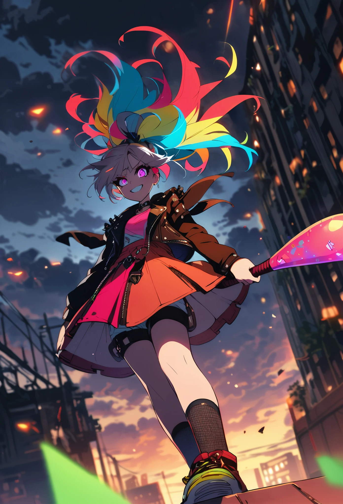 (medium：cartoon),Harley Quinn standing on the roof of a city building,Dark and dramatic atmosphere,focus blur,city skyline in background,Dark clouds gather overhead,Vibrant and contrasting colors,ominous lighting,Red and black embellishments,Eye makeup smudge,Weird and naughty expression,Smiling threateningly,holding baseball bat,Abandoned buildings,wind blown hair,Leather jacket and shorts,Fishnet socks,Colorful double ponytail,Punk fashion,The air is filled with secrets and mysteries.