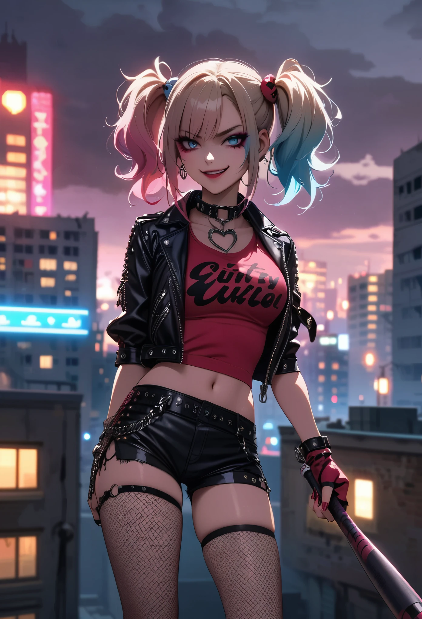 (medium：cartoon),Harley Quinn standing on the roof of a city building,Dark and dramatic atmosphere,focus blur,city skyline in background,Dark clouds gather overhead,Vibrant and contrasting colors,ominous lighting,Red and black embellishments,Eye makeup smudge,Weird and naughty expression,Smiling threateningly,holding baseball bat,Abandoned buildings,wind blown hair,Leather jacket and shorts,Fishnet socks,Colorful double ponytail,Punk fashion,The air is filled with secrets and mysteries.