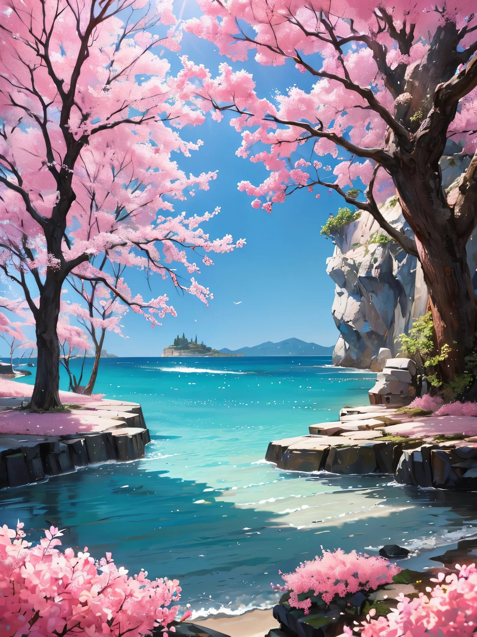 an amazing pink tree on a rock on the beach, in the style of realistic representation of light, passagem, Faith-inspired art, Abandoned spaces, cenas cheias de luz, ambientes imersivos, motivos de flores e natureza --ar 14:25