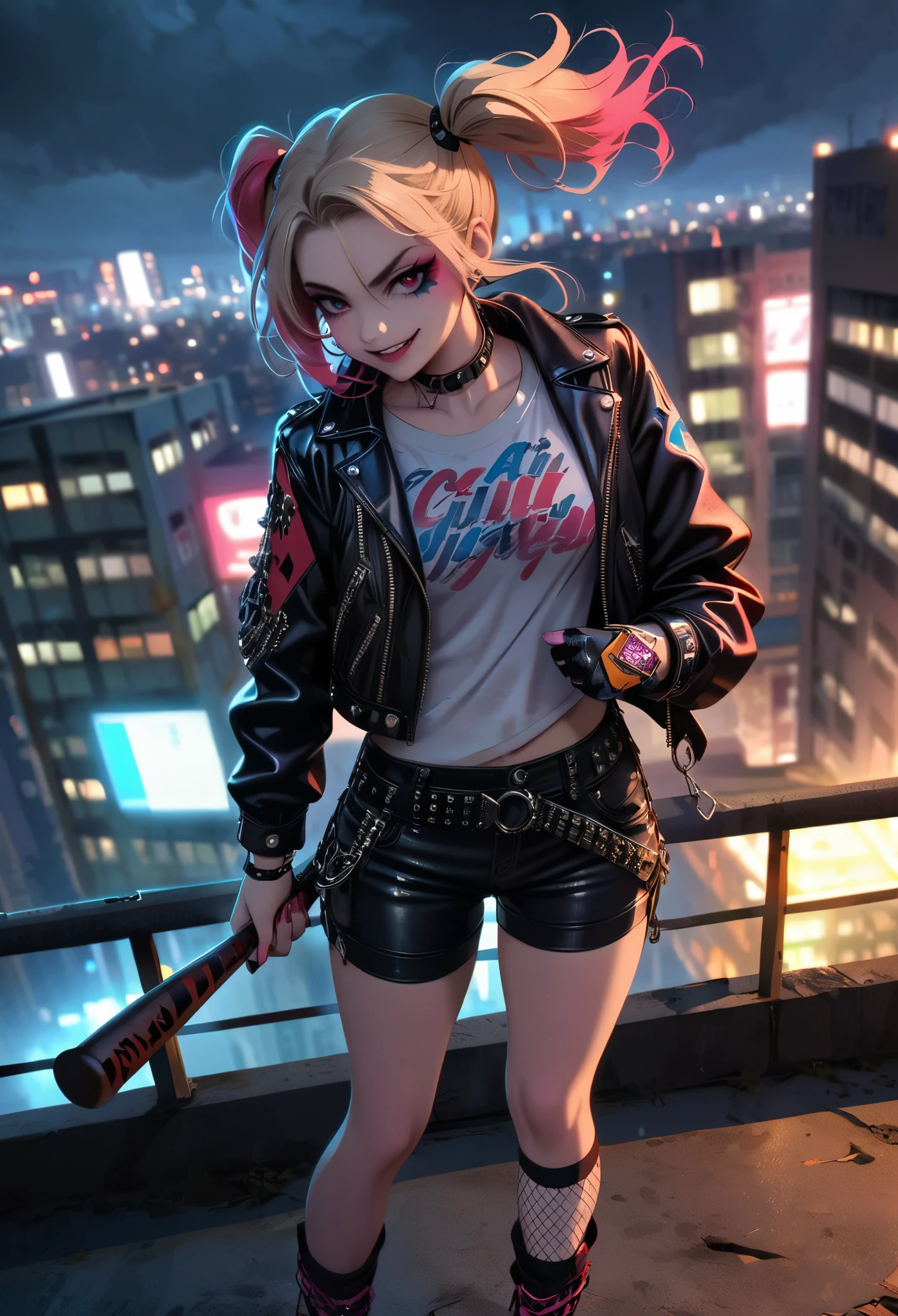 (medium：cartoon),Harley Quinn standing on the roof of a city building,Dark and dramatic atmosphere,focus blur,city skyline in background,Dark clouds gather overhead,Vibrant and contrasting colors,ominous lighting,Red and black embellishments,Eye makeup smudge,Weird and naughty expression,Smiling threateningly,holding baseball bat,Abandoned buildings,wind blown hair,Leather jacket and shorts,Fishnet socks,Colorful double ponytail,Punk fashion,The air is filled with secrets and mysteries.