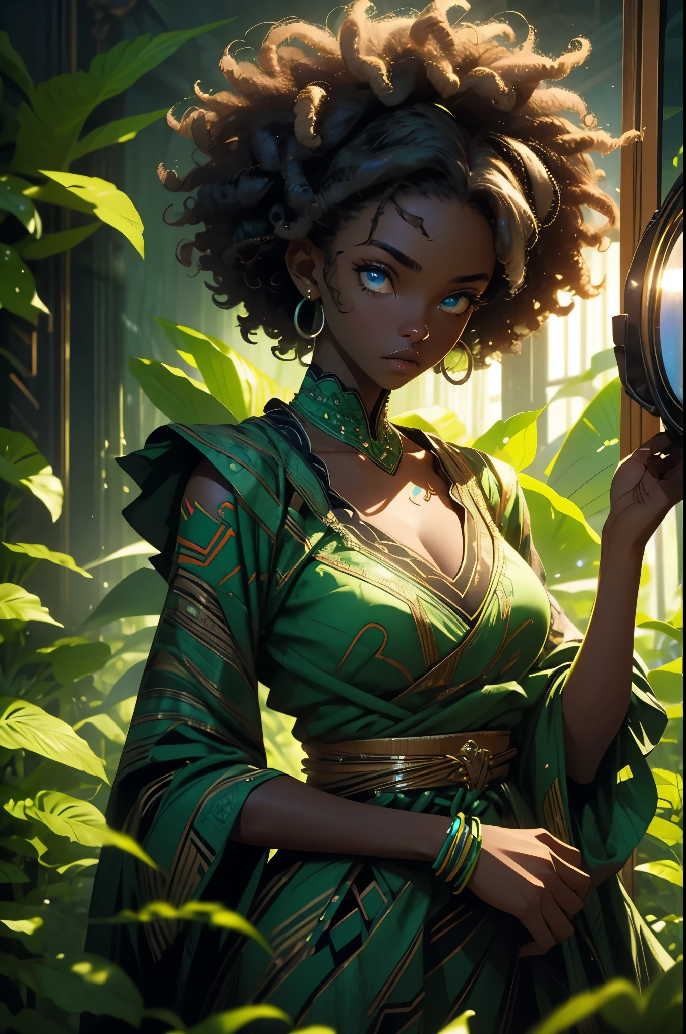 Half body shot of black woman behind a foggy mirror, dressed in african designed attire, her image partially blurry, blue eyes and curly hair, surrounded by a neon lit green leaves and flowers in semi curve shape, atmospheric shimmering background, beautiful and moody images, green, grey and silver colour grading.