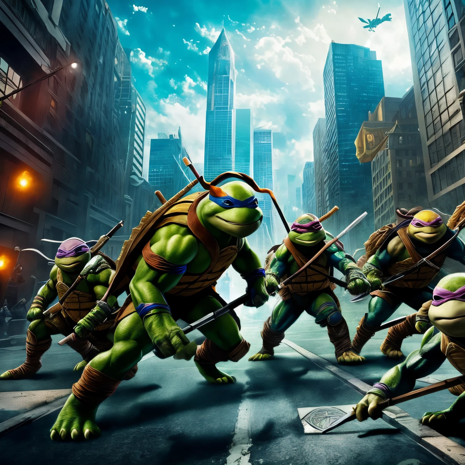 ninja turtles,action-packed composition,dynamic