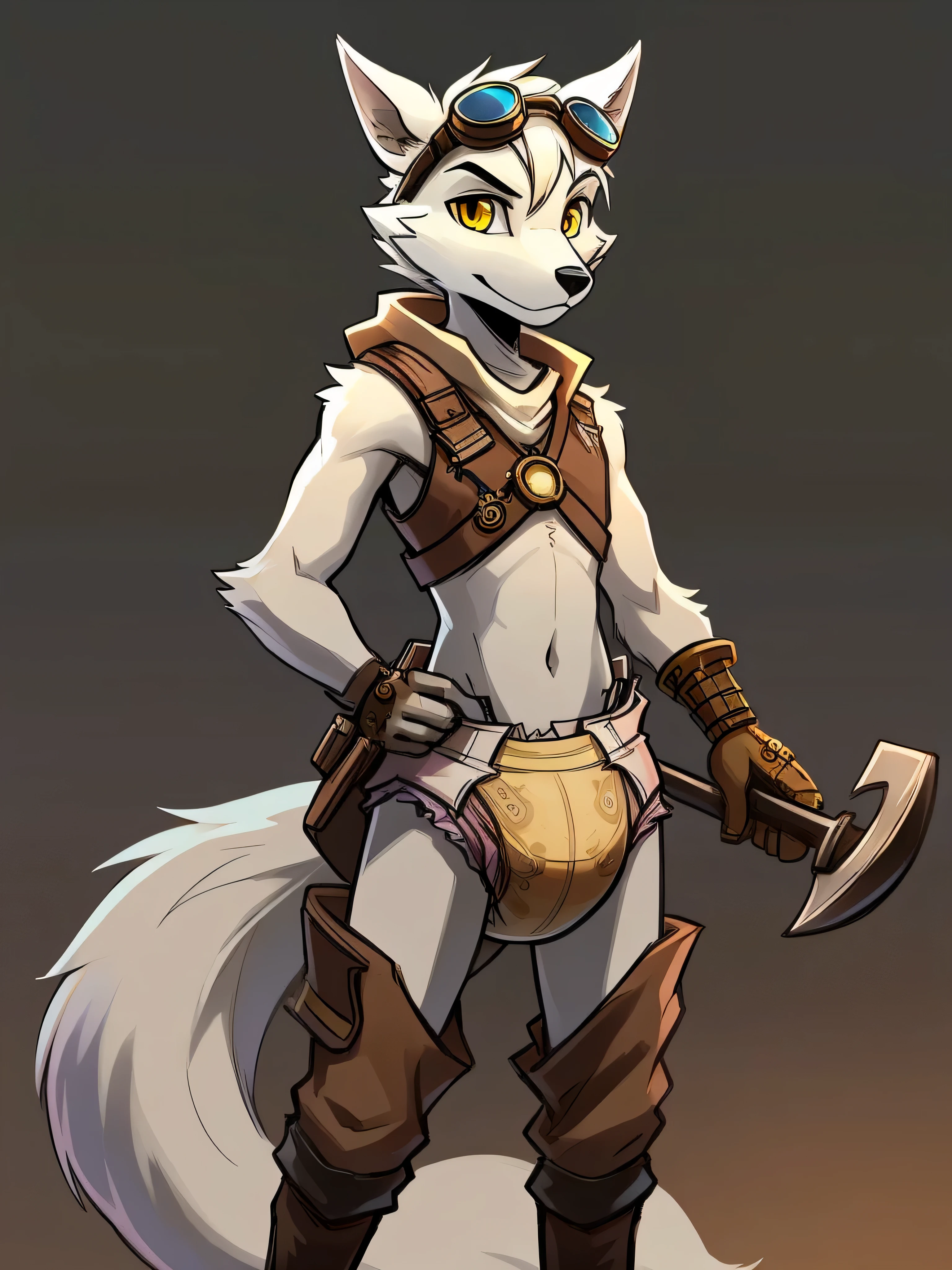 Male, arctic wolf, detailed yellow eyes, long tail, tinkerer, simple background, slim, sly, plain diaper, no shadow, tools, steampunk, goggles on head