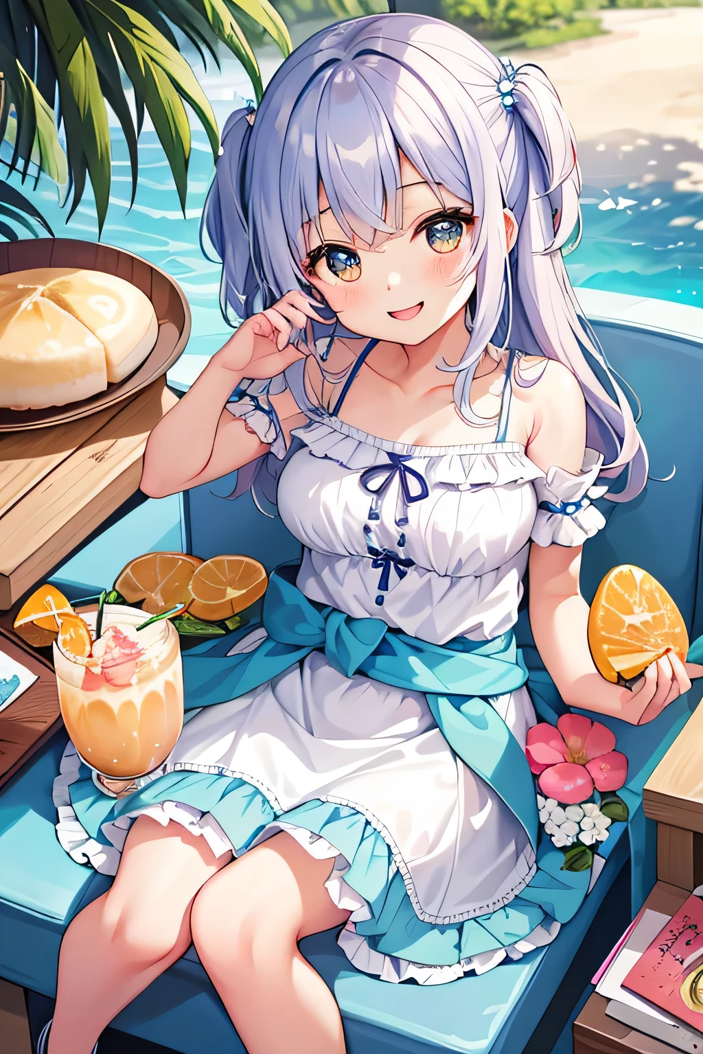 (highest quality:1.4)、High resolution、detailed background)、(detailed beautiful face:1.4)、(anatomically correct)、beautiful and smooth skin、skin texture、professional lighting、beautiful age girl、(two beautiful girls:1.4)、(huge breasts:1.3)、Brightly colored inner color hair、
cute hair color、cute hairstyle、realistic、perfect body line、attractive thighs、Attractive big buttocks、sunny day、cowboy shot、Close-up、
Two women relaxing in a cozy cafe lounge、
Stylish interior and delicious drinks、It's even more appealing if you have a selection of sweets.、
Playfully sticking your body together、Have fun、A big smile、smile、sexual expression、cute gesture、cute、
Wear sneakers or sandals for a lighter look、
Light floral and striped dresses are perfect for the summer sun.、
A belt around the waist creates a more feminine silhouette.、
Ruffle tops give a feminine and cute impression.、
Resort style at the beach or pool is also popular.、
Colorful bikinis or one-pieces with beach sandals、cute