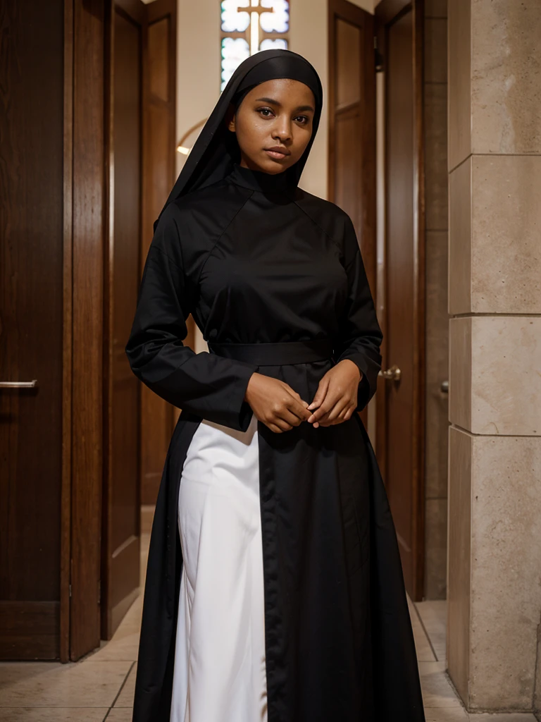 Beautiful girl in Catholic religious nun outfit with long sleeves (cor preta)